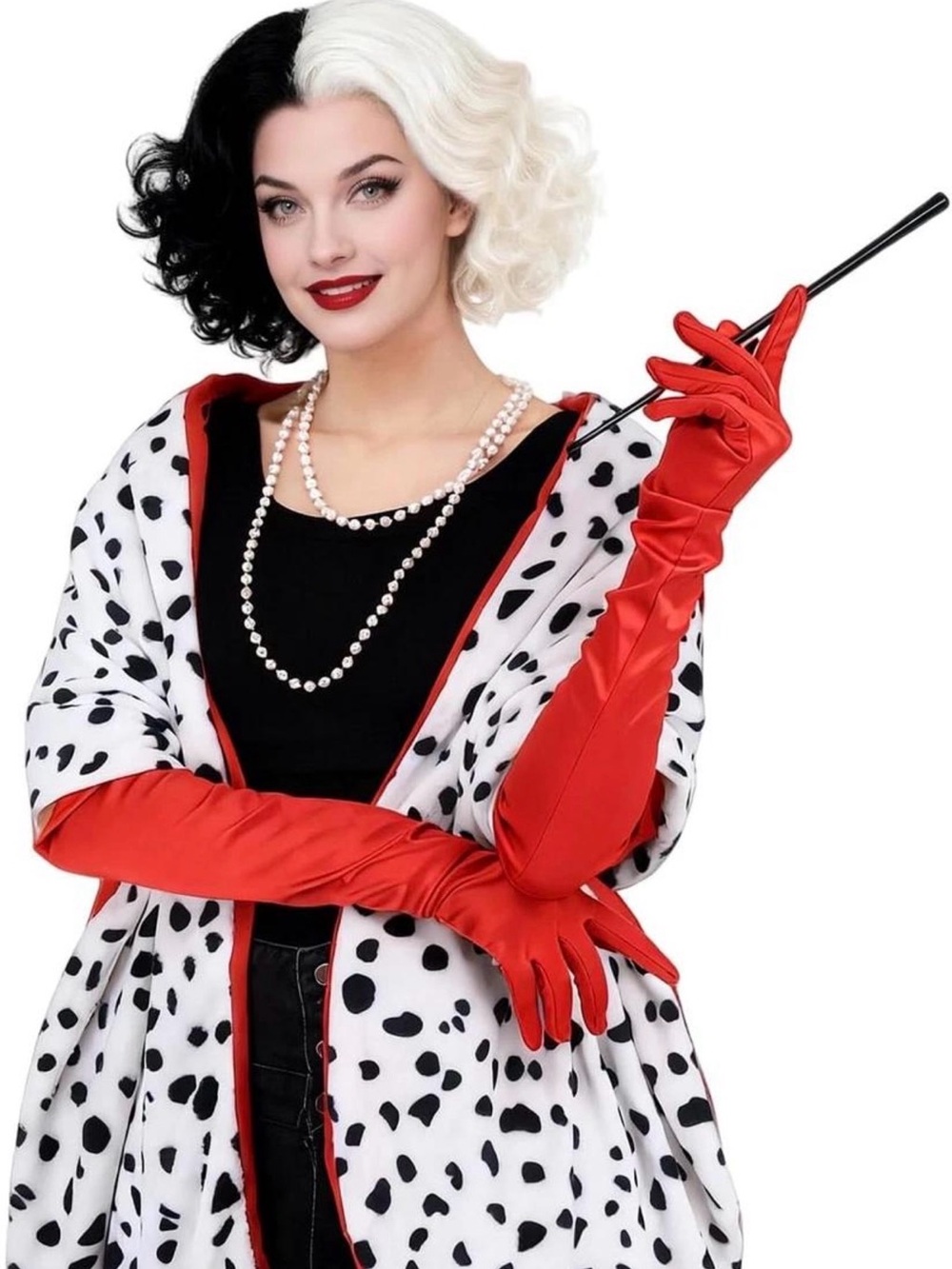 Adult Cruella de Vil Halloween Costume Dalmatian Fur Cape Wig Gloves Pearls Set